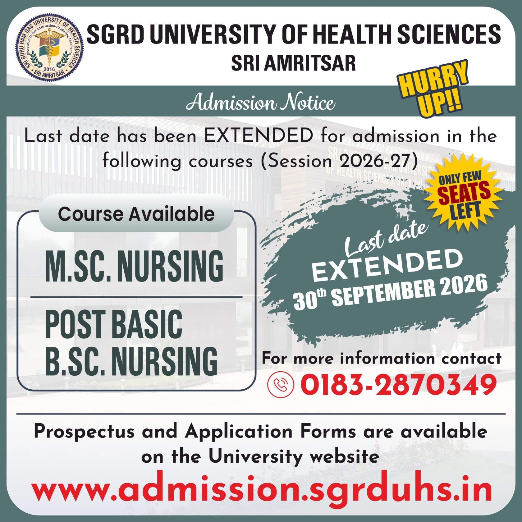 Last Date extended for MSc Nursing and Post Basic BSc Nursing 2026-27